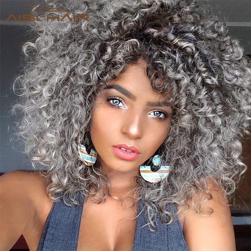 Kinky Curly Ombre Wig With Bangs
