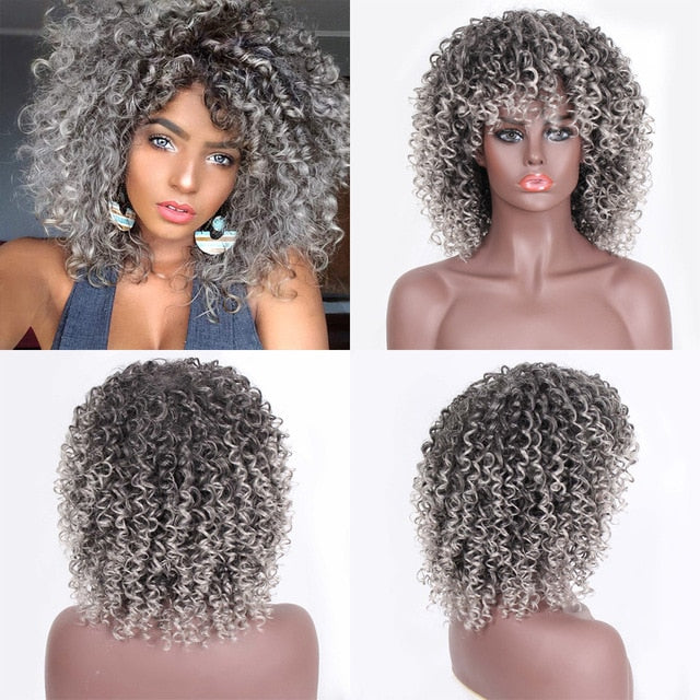 Kinky Curly Ombre Wig With Bangs