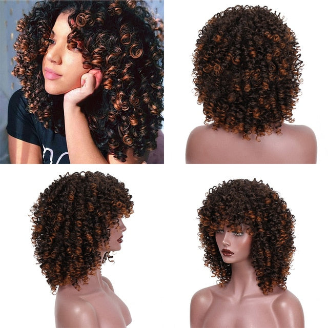 Kinky Curly Ombre Wig With Bangs