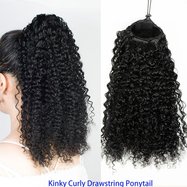 Kinky Curly Drawstring Ponytail Brazilian Remy Human Hair Extensions 