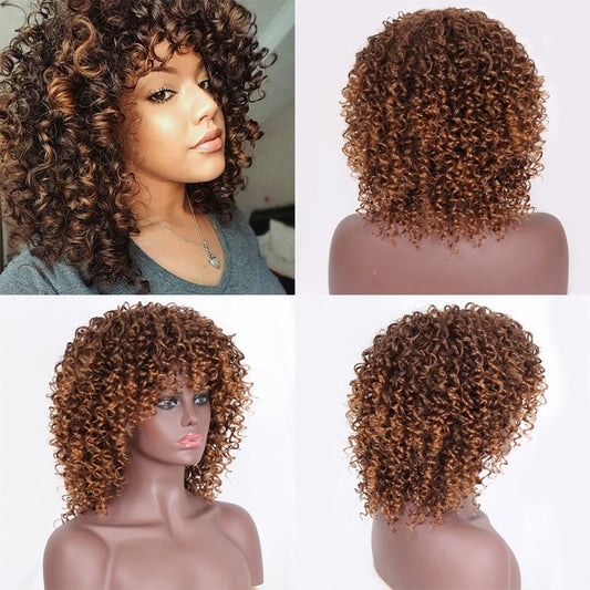 Kinky Curly Ombre Wig With Bangs